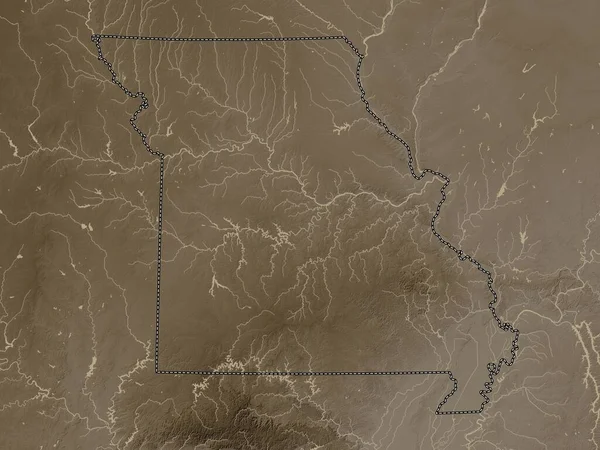 Missouri Amerika Birleşik Devletleri Yükseklik Haritası Sepya Tonlarında Göller Nehirlerle — Stok fotoğraf
