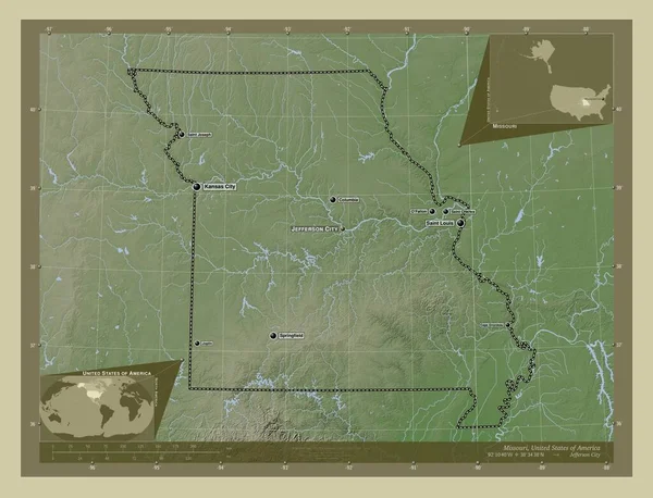 Missouri Amerikai Egyesült Államok Magassági Térkép Színes Wiki Stílusban Tavak — Stock Fotó