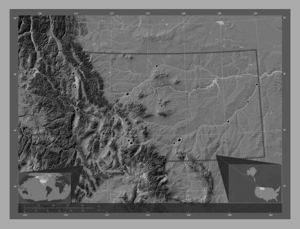 モンタナ州 アメリカ合衆国の州 湖や川と二階の標高マップ 地域の主要都市の場所 コーナー補助位置図 — ストック写真