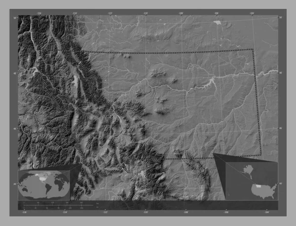 モンタナ州 アメリカ合衆国の州 湖や川と二階の標高マップ コーナー補助位置図 — ストック写真