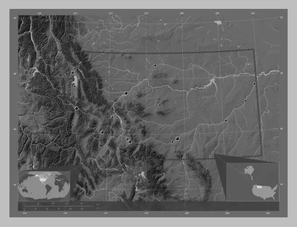 美利坚合众国蒙大拿州 带有湖泊和河流的灰度高程图 该区域主要城市的所在地点 角辅助位置图 — 图库照片