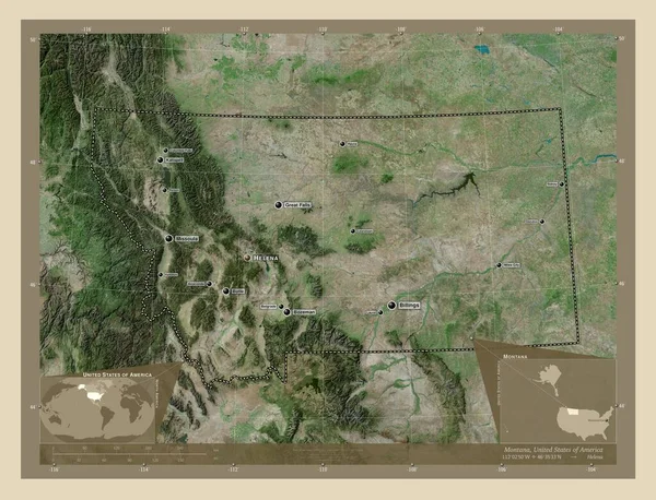 モンタナ州 アメリカ合衆国の州 高解像度衛星地図 地域の主要都市の位置と名前 コーナー補助位置図 — ストック写真