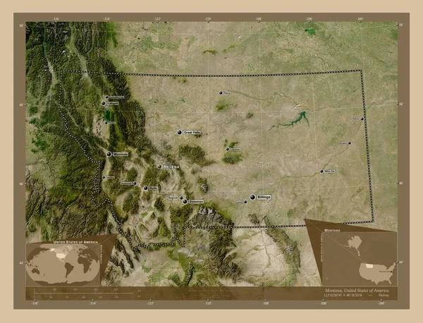 モンタナ州 アメリカ合衆国の州 低解像度衛星地図 地域の主要都市の位置と名前 コーナー補助位置図 — ストック写真