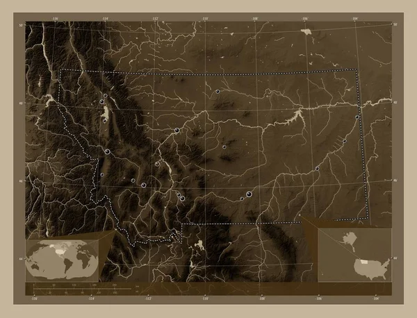 Montana Staat Van Verenigde Staten Van Amerika Hoogtekaart Gekleurd Sepia — Stockfoto