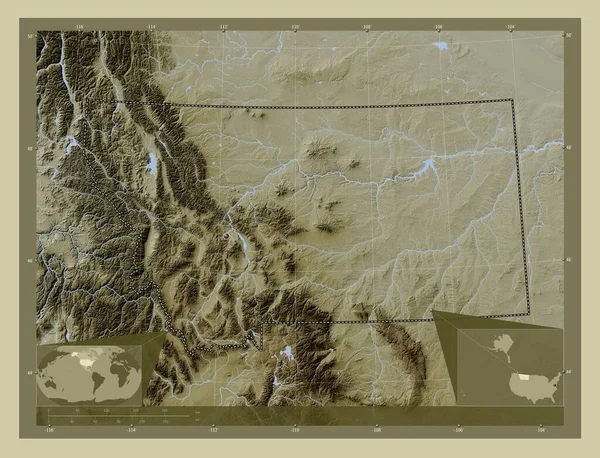 美利坚合众国蒙大拿州 用Wiki风格绘制的带有湖泊和河流的高程地图 角辅助位置图 — 图库照片