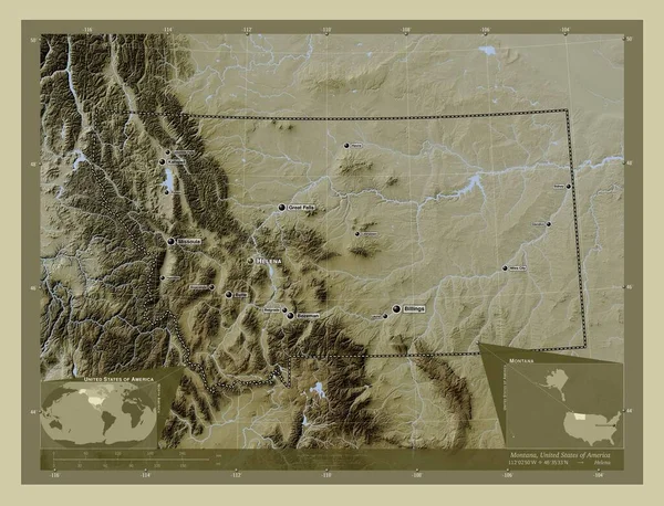 美利坚合众国蒙大拿州 用Wiki风格绘制的带有湖泊和河流的高程地图 该区域主要城市的地点和名称 角辅助位置图 — 图库照片