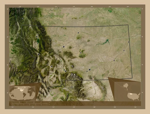 モンタナ州 アメリカ合衆国の州 低解像度衛星地図 地域の主要都市の場所 コーナー補助位置図 — ストック写真