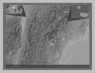New Hampshire, Amerika Birleşik Devletleri. Gölleri ve nehirleri olan gri tonlama yükseklik haritası. Köşedeki yedek konum haritaları