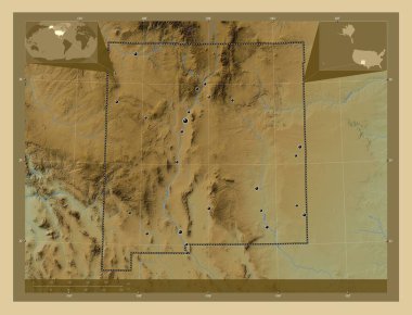 New Mexico, Amerika Birleşik Devletleri. Gölleri ve nehirleri olan renkli yükseklik haritası. Bölgenin büyük şehirlerinin yerleri. Köşedeki yedek konum haritaları