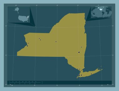 New York, Amerika Birleşik Devletleri. Katı renk şekli. Bölgenin büyük şehirlerinin yerleri. Köşedeki yedek konum haritaları