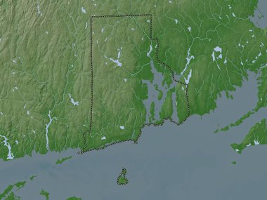 Rhode Island, Amerika Birleşik Devletleri. Yükseklik haritası göller ve nehirlerle wiki stilinde renklendirilmiştir