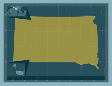 Güney Dakota, Amerika Birleşik Devletleri. Katı renk şekli. Köşedeki yedek konum haritaları