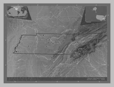 Tennessee, Amerika Birleşik Devletleri. Gölleri ve nehirleri olan gri tonlama yükseklik haritası. Bölgenin büyük şehirlerinin yerleri ve isimleri. Köşedeki yedek konum haritaları