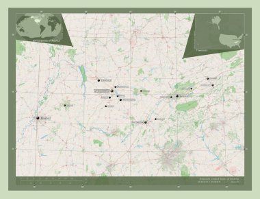 Tennessee, Amerika Birleşik Devletleri. Açık Sokak Haritası. Bölgenin büyük şehirlerinin yerleri ve isimleri. Köşedeki yedek konum haritaları