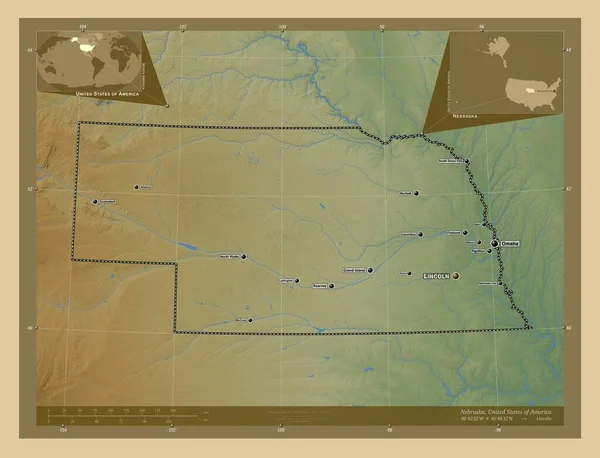 Nebraska State United States America Colored Elevation Map Lakes Rivers — Stock Photo, Image