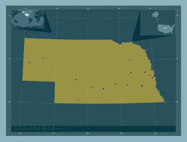 内布拉斯加州 美利坚合众国 固体的颜色形状 该区域主要城市的所在地点 角辅助位置图 — 图库照片