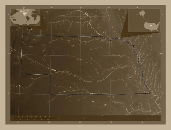 네브래스카 미합중국의 세피아 색으로 지도는 호수와 강으로 울려퍼진다 Corner Auxiliary — 스톡 사진