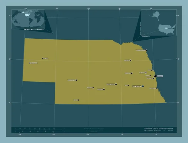 アメリカのネブラスカ州 しっかりした色の形 地域の主要都市の位置と名前 コーナー補助位置図 — ストック写真