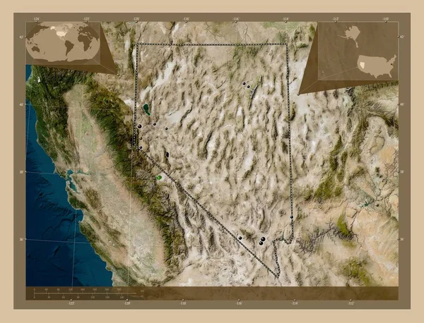 ネバダ州 アメリカ合衆国の州 低解像度衛星地図 地域の主要都市の場所 コーナー補助位置図 — ストック写真