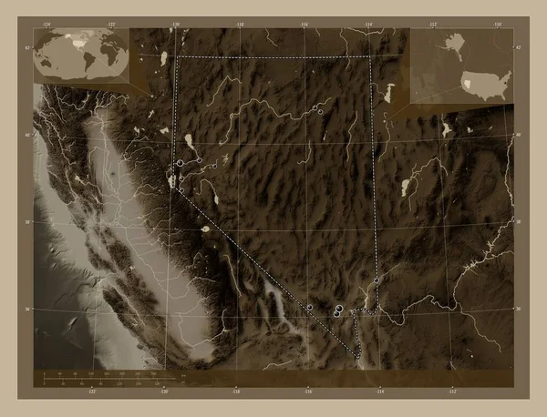 Nevada Negara Bagian Amerika Serikat Peta Ketinggian Berwarna Sepia Tones — Stok Foto