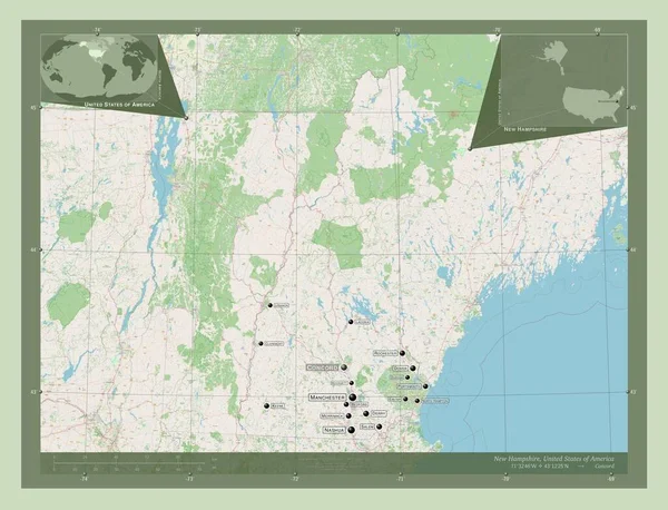 ニューハンプシャー州 アメリカ合衆国の州 ストリートマップを開く 地域の主要都市の位置と名前 コーナー補助位置図 — ストック写真