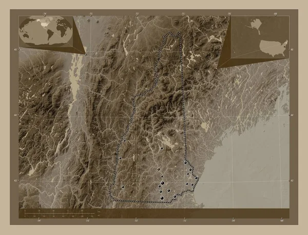 Нью Гемпшир Штат Сша Висота Карти Забарвлена Сепії Тонів Озерами — стокове фото