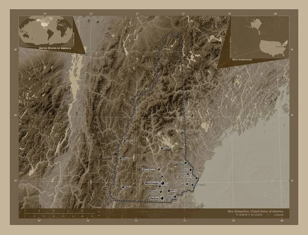Нью Гэмпшир Штат Соединенные Штаты Америки Карта Высоты Окрашенная Сепиевые — стоковое фото