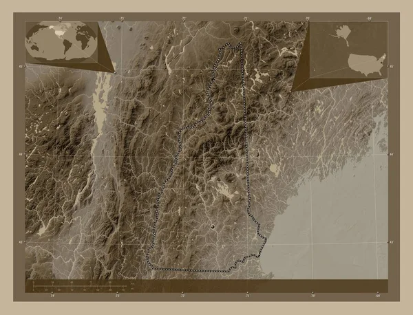 New Hampshire Amerika Birleşik Devletleri Yükseklik Haritası Sepya Tonlarında Göller — Stok fotoğraf