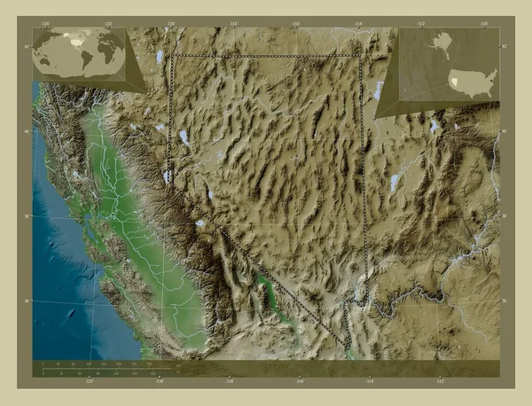 ネバダ州 アメリカ合衆国の州 湖や川とWikiスタイルで着色された標高マップ コーナー補助位置図 — ストック写真
