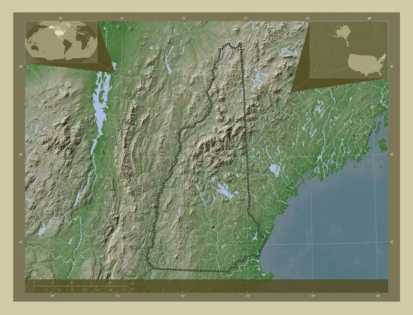 ニューハンプシャー州 アメリカ合衆国の州 湖や川とWikiスタイルで着色された標高マップ コーナー補助位置図 — ストック写真