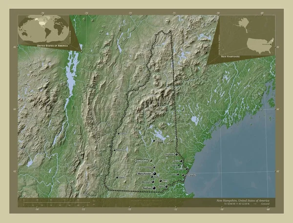 美利坚合众国新罕布什尔州 用Wiki风格绘制的带有湖泊和河流的高程地图 该区域主要城市的地点和名称 角辅助位置图 — 图库照片