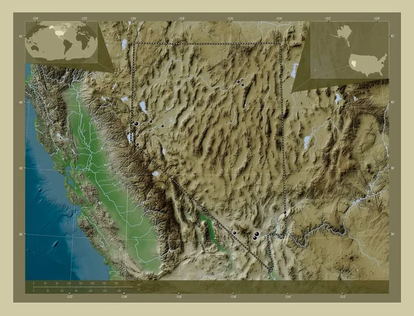 ネバダ州 アメリカ合衆国の州 湖や川とWikiスタイルで着色された標高マップ 地域の主要都市の場所 コーナー補助位置図 — ストック写真