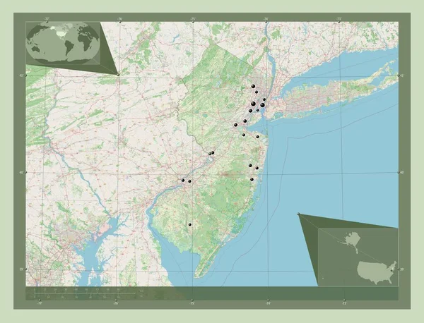 ニュージャージー州 アメリカ合衆国の州 ストリートマップを開く 地域の主要都市の場所 コーナー補助位置図 — ストック写真