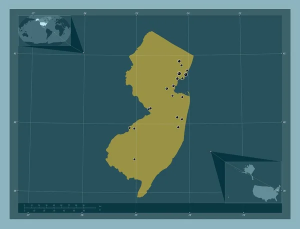 美国新泽西州New Jersey State America 固体的颜色形状 该区域主要城市的所在地点 角辅助位置图 — 图库照片