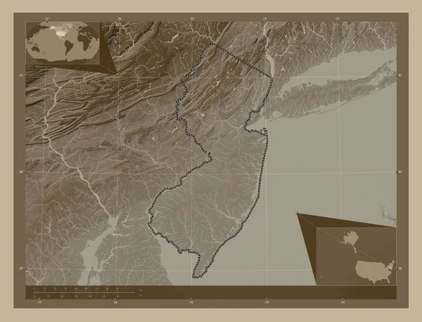 美国新泽西州New Jersey State America 高程图 用深紫色调涂上湖泊和河流 角辅助位置图 — 图库照片