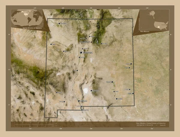 ニューメキシコ州 アメリカ合衆国の州 低解像度衛星地図 地域の主要都市の位置と名前 コーナー補助位置図 — ストック写真