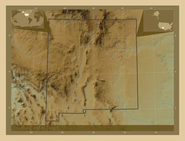ニューメキシコ州 アメリカ合衆国の州 湖や川と色の標高マップ コーナー補助位置図 — ストック写真