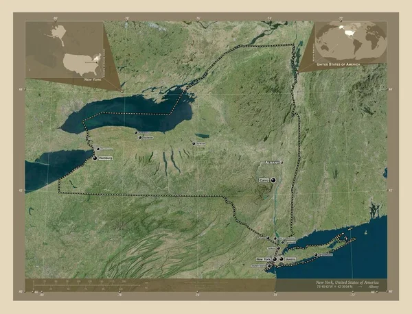 New York State America 高分辨率卫星地图 该区域主要城市的地点和名称 角辅助位置图 — 图库照片