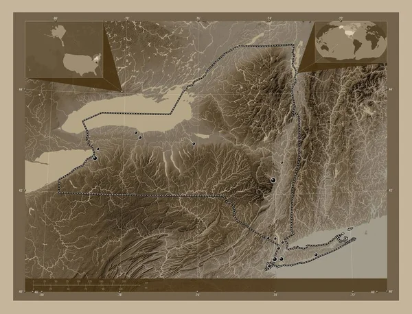Нью Йорк Штат Соединенные Штаты Америки Карта Высоты Окрашенная Сепиевые — стоковое фото