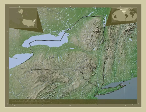 ニューヨーク アメリカ合衆国の州 湖や川とWikiスタイルで着色された標高マップ コーナー補助位置図 — ストック写真