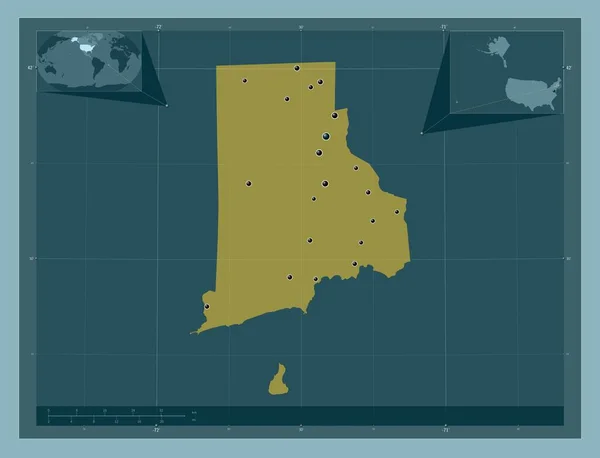美利坚合众国罗得岛州Rhode Island State America 固体的颜色形状 该区域主要城市的所在地点 角辅助位置图 — 图库照片