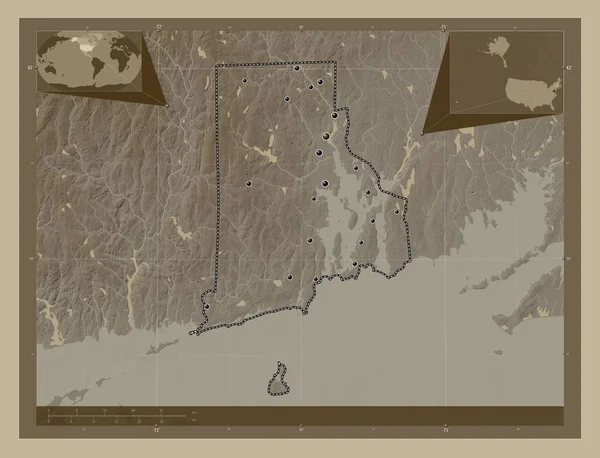 Род Айленд Штат Соединенные Штаты Америки Карта Высоты Окрашенная Сепиевые — стоковое фото