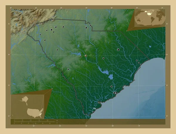 サウスカロライナ州 アメリカ合衆国の州 湖や川と色の標高マップ 地域の主要都市の場所 コーナー補助位置図 — ストック写真
