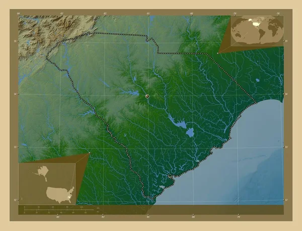 美国南卡罗来纳州 有湖泊和河流的彩色高程图 角辅助位置图 — 图库照片