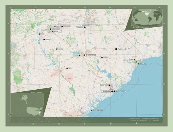 サウスカロライナ州 アメリカ合衆国の州 ストリートマップを開く 地域の主要都市の位置と名前 コーナー補助位置図 — ストック写真