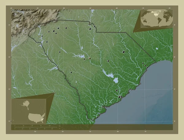 サウスカロライナ州 アメリカ合衆国の州 湖や川とWikiスタイルで着色された標高マップ 地域の主要都市の場所 コーナー補助位置図 — ストック写真