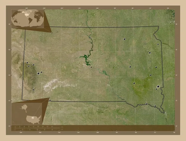 サウスダコタ州 アメリカ合衆国の州 低解像度衛星地図 地域の主要都市の場所 コーナー補助位置図 — ストック写真
