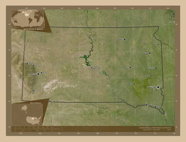 サウスダコタ州 アメリカ合衆国の州 低解像度衛星地図 地域の主要都市の位置と名前 コーナー補助位置図 — ストック写真