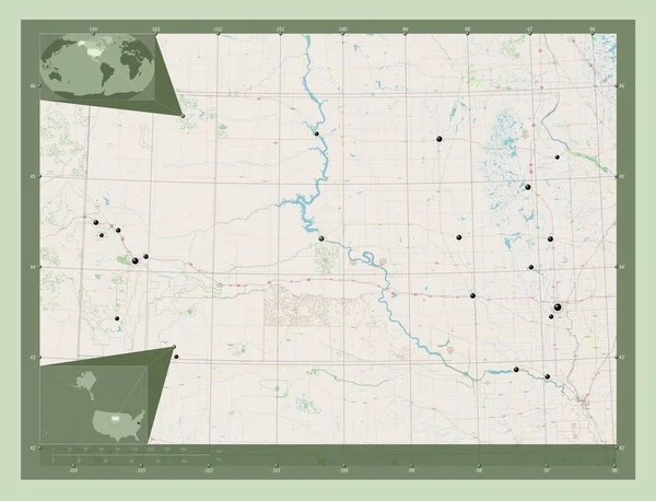 南达科他州 美利坚合众国 开放街道地图 该区域主要城市的所在地点 角辅助位置图 — 图库照片