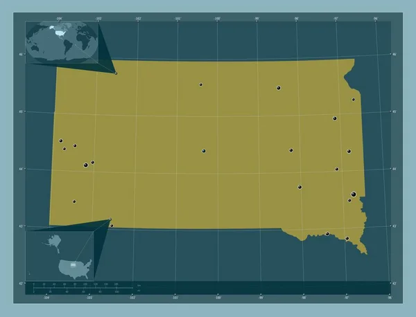 サウスダコタ州 アメリカ合衆国の州 しっかりした色の形 地域の主要都市の場所 コーナー補助位置図 — ストック写真